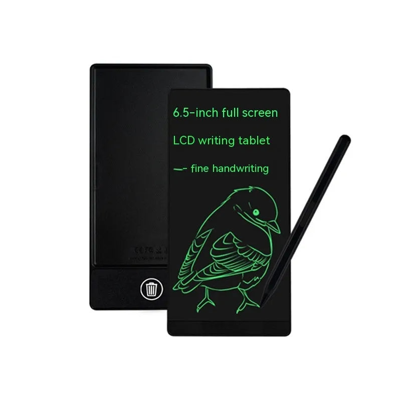 Blue LCD handwriting board with 6.5-inch screen and stylus on a white background