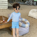Boys' long sleeve swimsuit with three-colour striped sleeves in green, brown or sky blue, sizes 90cm to 140cm