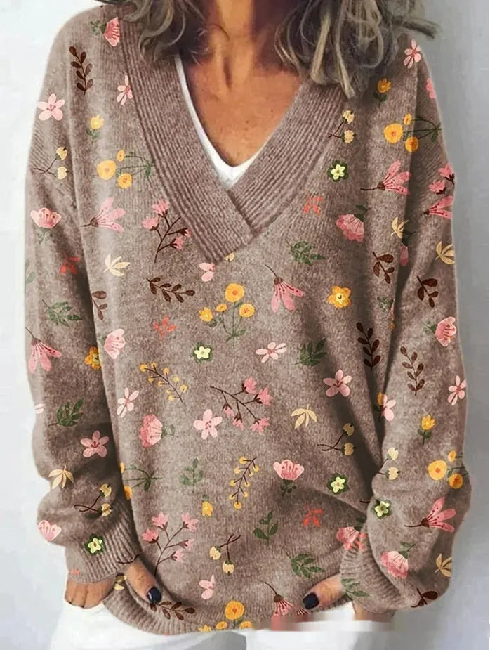 Women's V-neck sweatshirt with 3D floral pattern print and long sleeves in casual pullover style