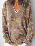 Women's V-neck sweatshirt with 3D floral pattern print and long sleeves in casual pullover style
