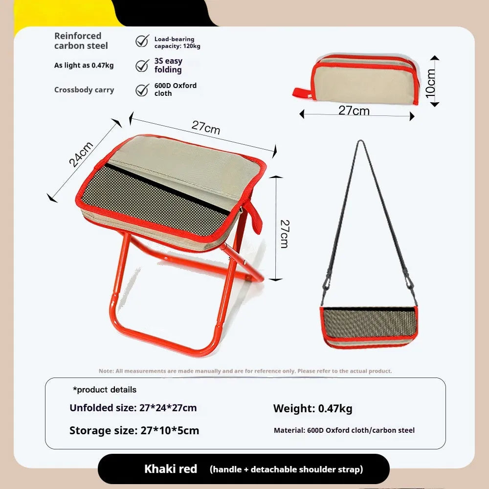 Lightweight foldable camp stool in khaki with an attached crossbody bag, shown in a compact, portable form.