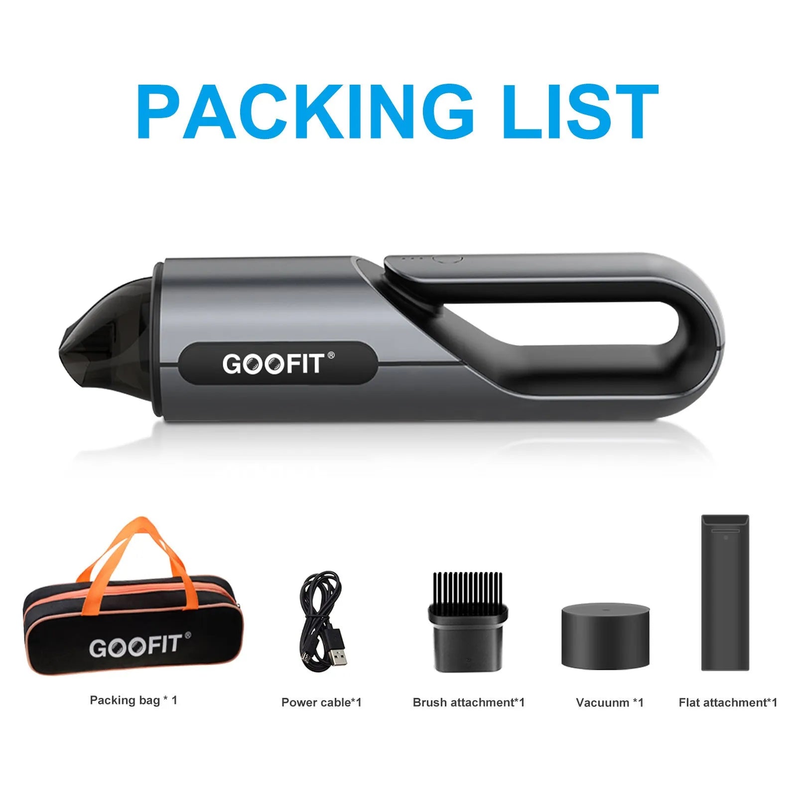 Black portable wireless car vacuum cleaner with brush and flat attachments on fabric storage bag