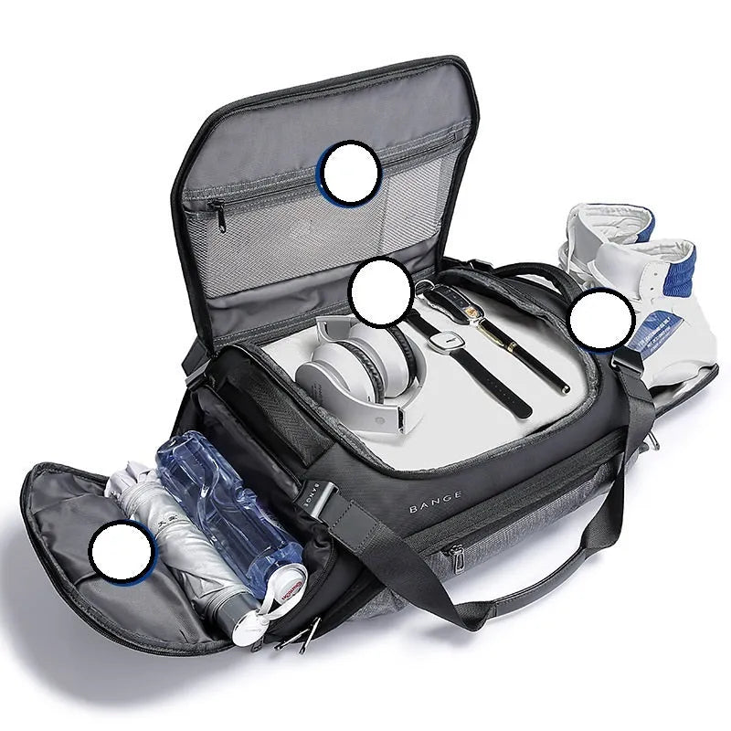 Large grey wet dry separation yoga travel bag made of Oxford cloth with zipper pockets and double carry straps