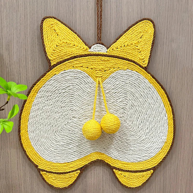 Yellow rectangular sisal cat scratching pad with Corgi butt design on a white background