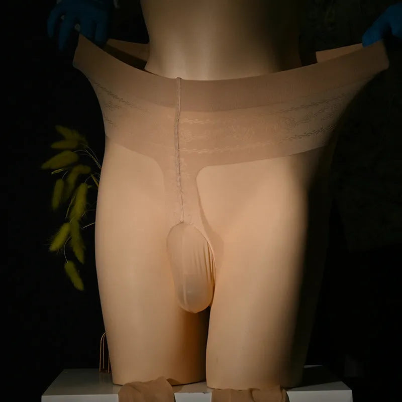 Men's thin transparent stockings in black, skin colour, gray and brown showing jumpsuit length design