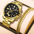 Men's gold-colour stainless steel business quartz wristwatch on a bracelet.