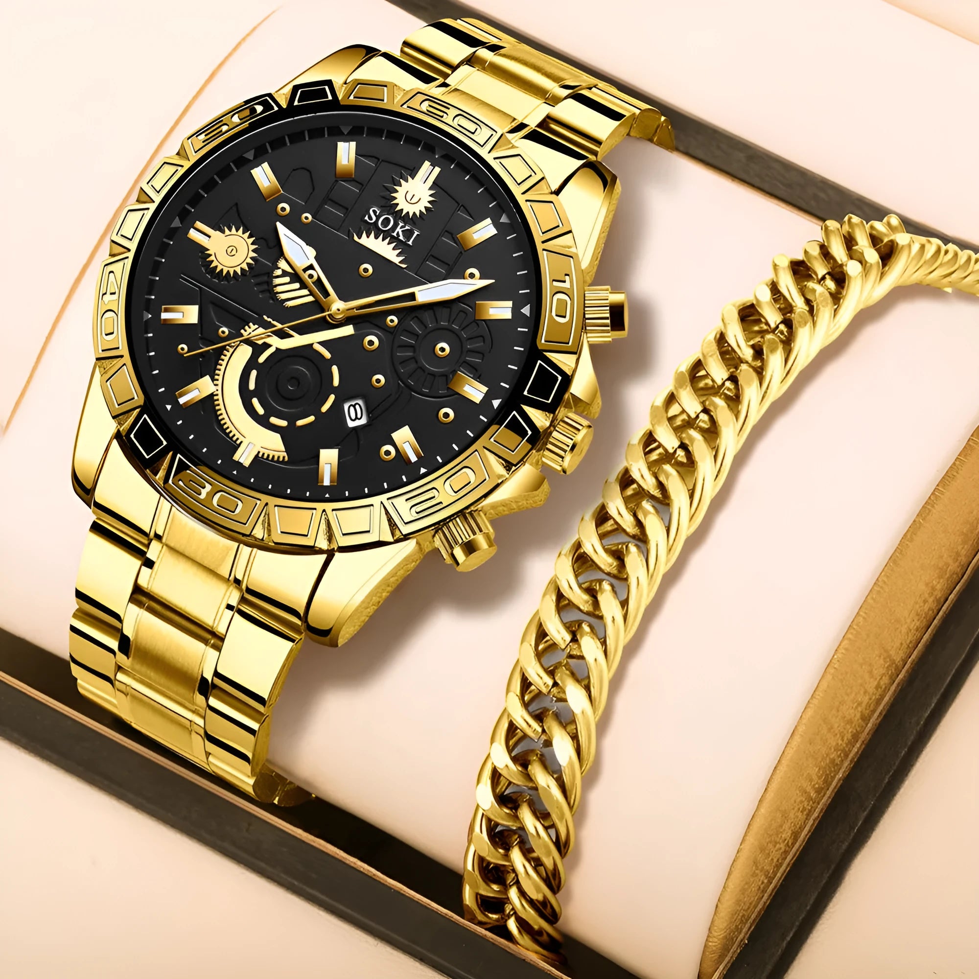 Men's gold-colour stainless steel business quartz wristwatch on a bracelet.
