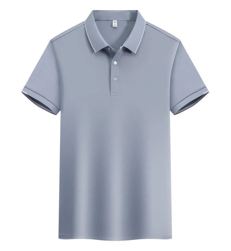 Man wearing a loose fit apricot coloured short sleeve cotton blend polo shirt.
