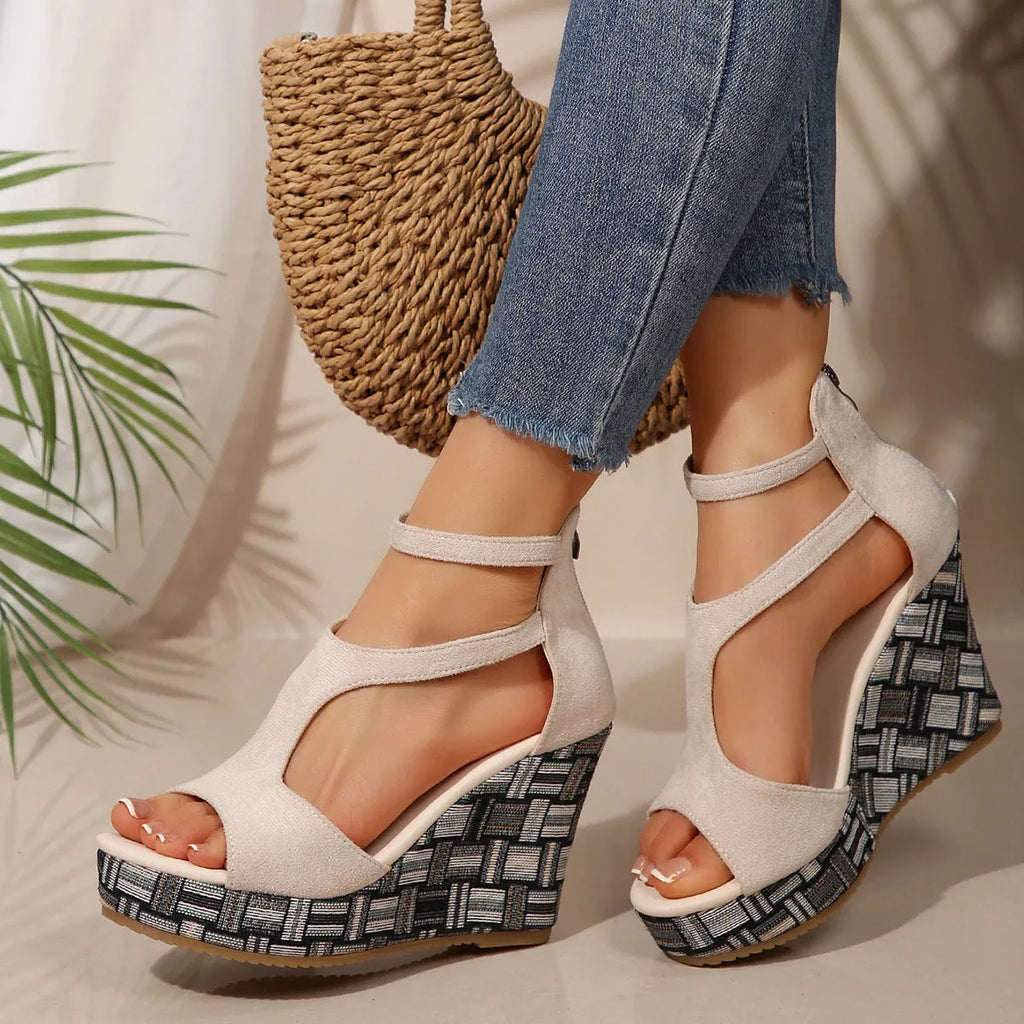 Women's thick-soled slope sandals with ankle-strap buckle in cloth upper and hemp-soled rubber construction