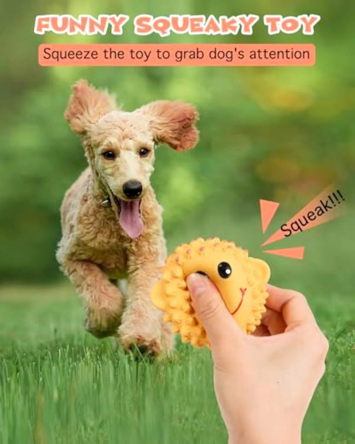 Orange and yellow spiky latex squeaky dog toy shaped like an animal ball