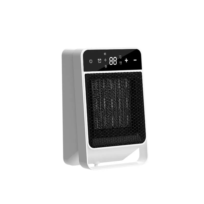Black and white desktop electric heater with digital touch screen and remote control on a wooden desk.