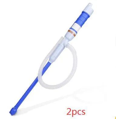 Blue and red manual hand siphon pump for transferring gasoline and liquids.