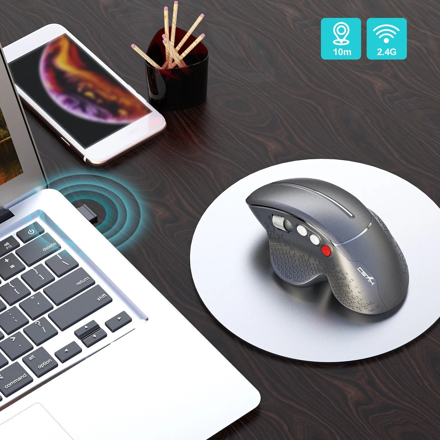 T32 wireless vertical ergonomic mouse in black matte texture showing aluminium side roller and vertical orientation.