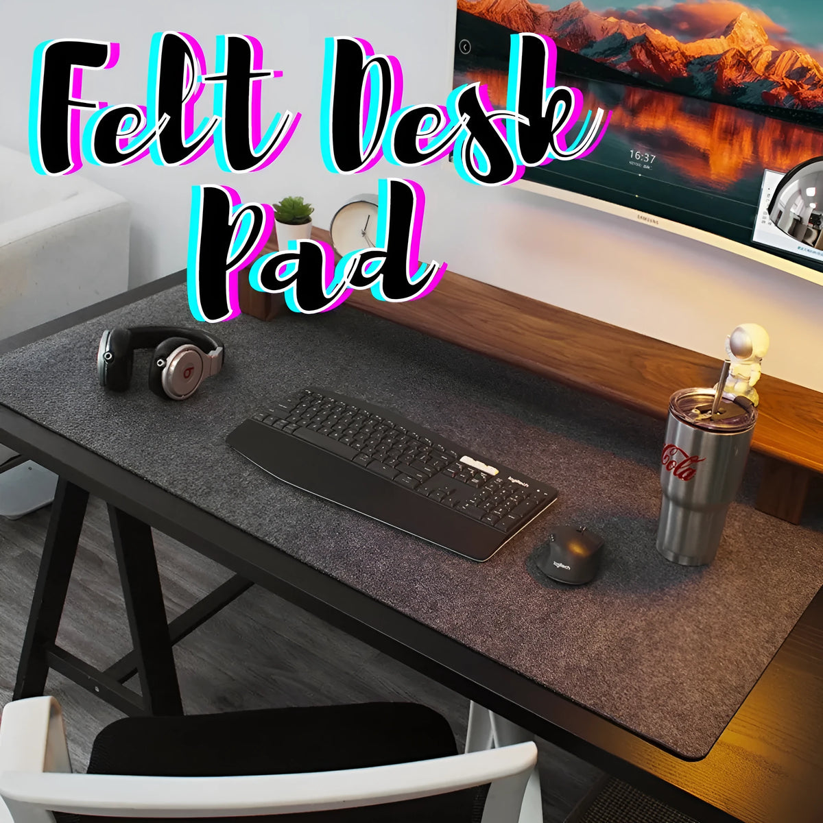 Black gray wool felt desk pad 80cm x 40cm non-slip for keyboard and mouse