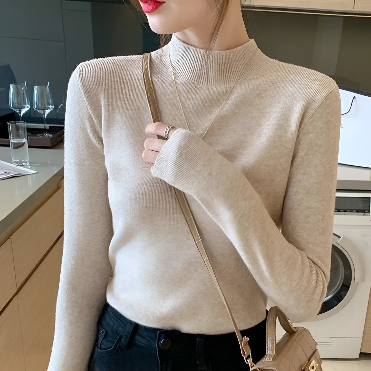 Slim fit knitted bottoming shirt in viscose fabric, shown in apricot colour.