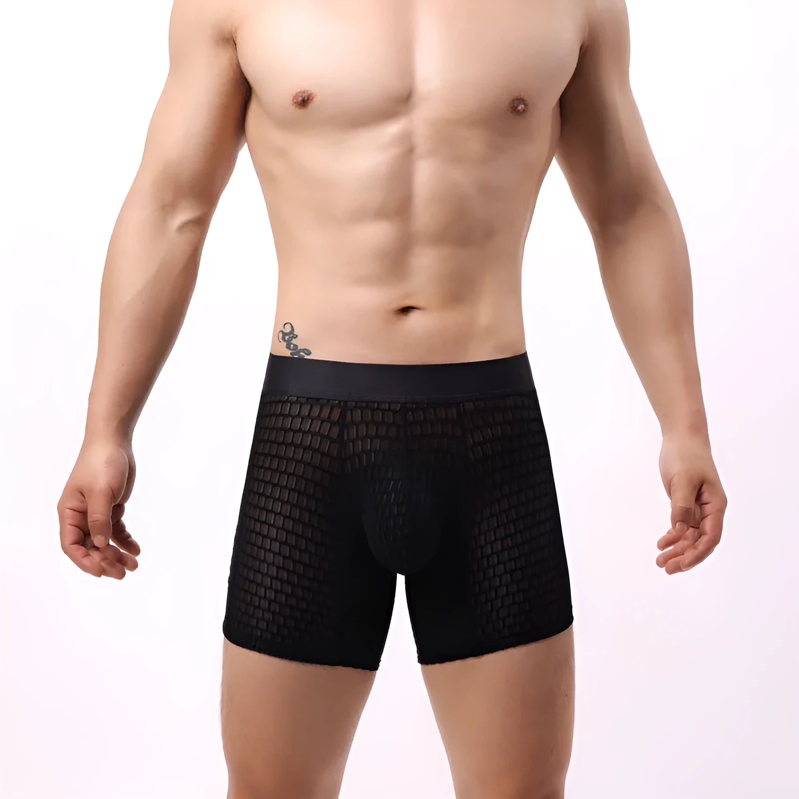 Men's white nylon lace mesh boxers with a geometric pattern and low-waist fit.