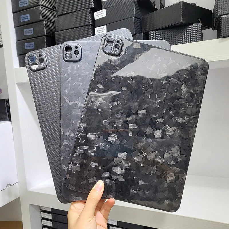 Carbon fibre iPad Pro 11 case with embossed plaid pattern in matte 3K finish