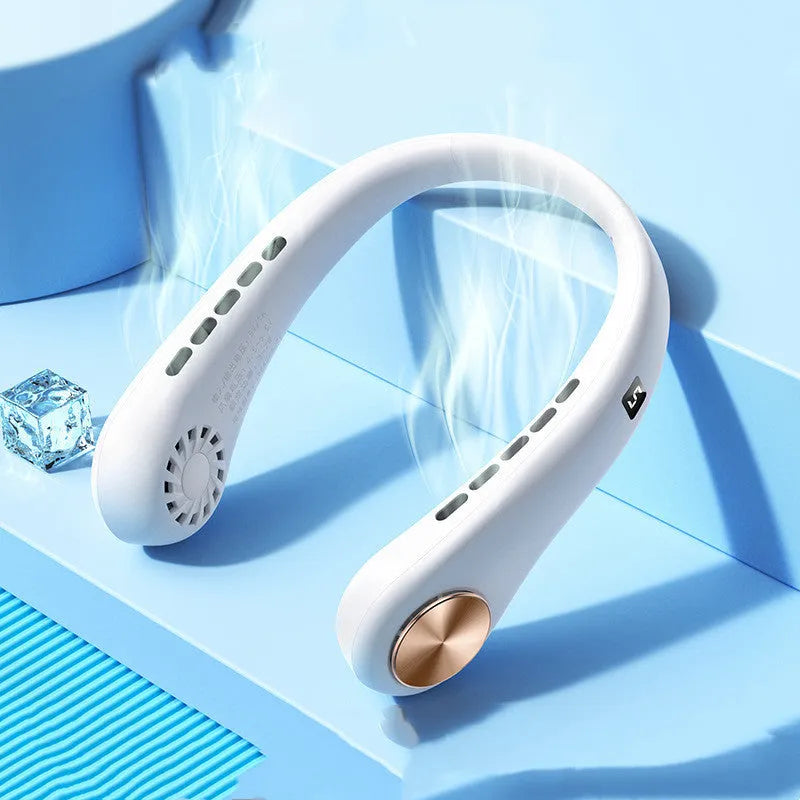 Bladeless hanging neck fan in blue colour with digital display showing speed settings