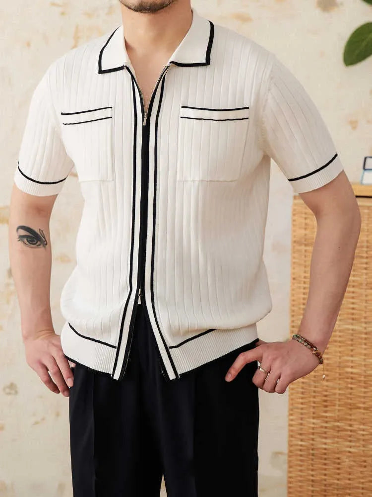 Slim-fit black knitting polo shirt with a lapel collar and short sleeves on a neutral background.