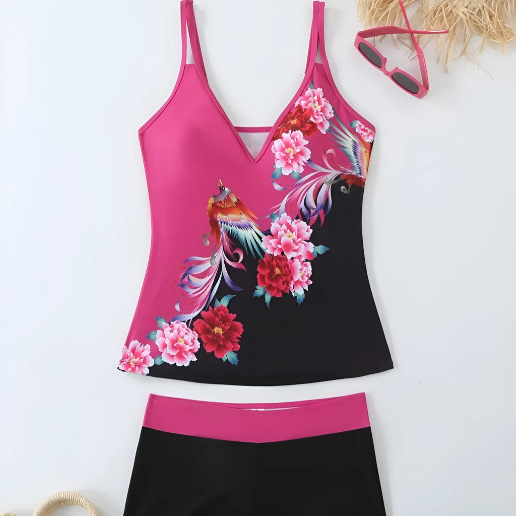 Women's plus size split design swimsuit in black or rose red with cotton lining and briefs style