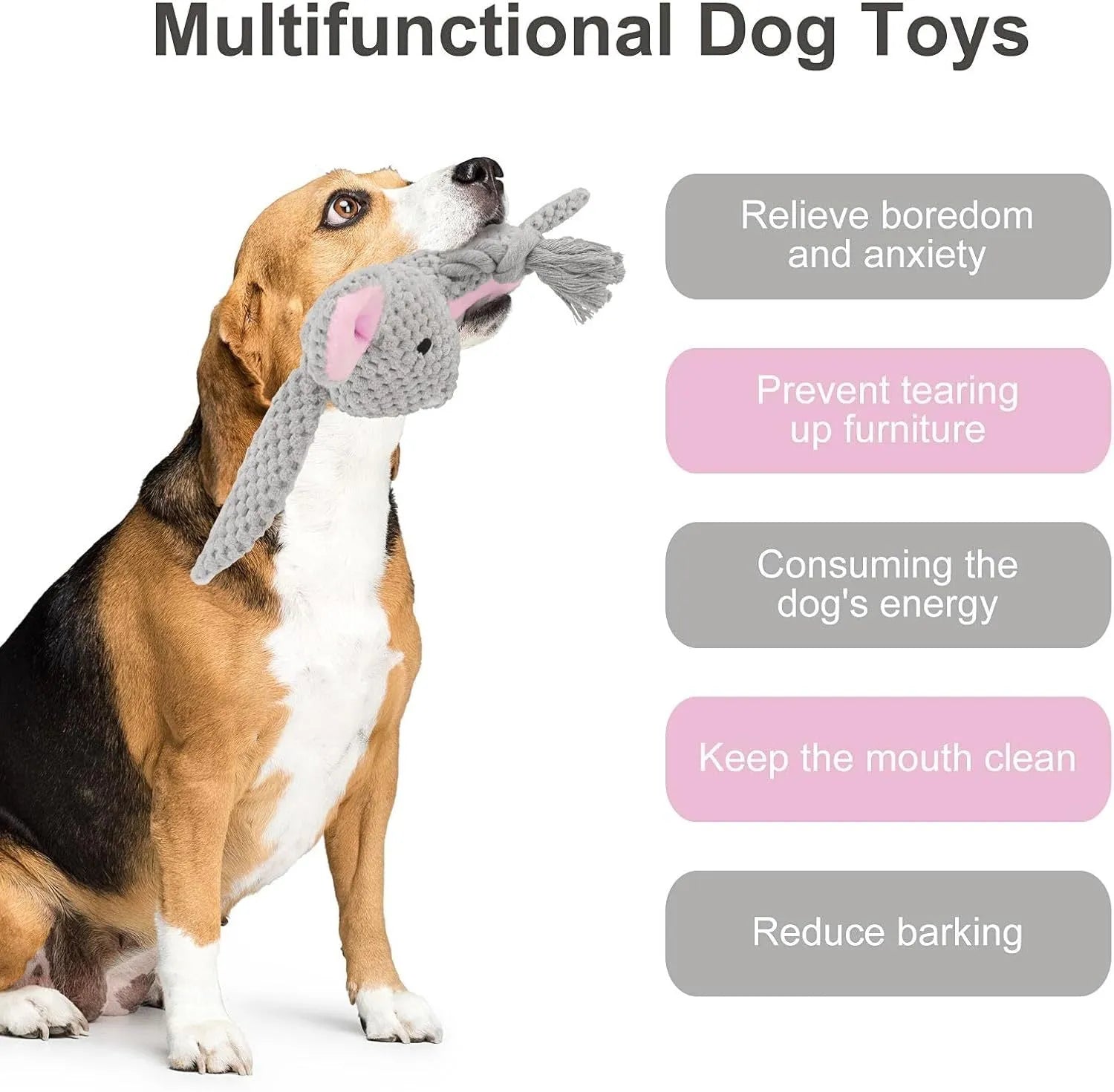 Animal-shaped plush dog toy with integrated cotton rope, shown in elephant, fox, monkey, pig, and rabbit designs.