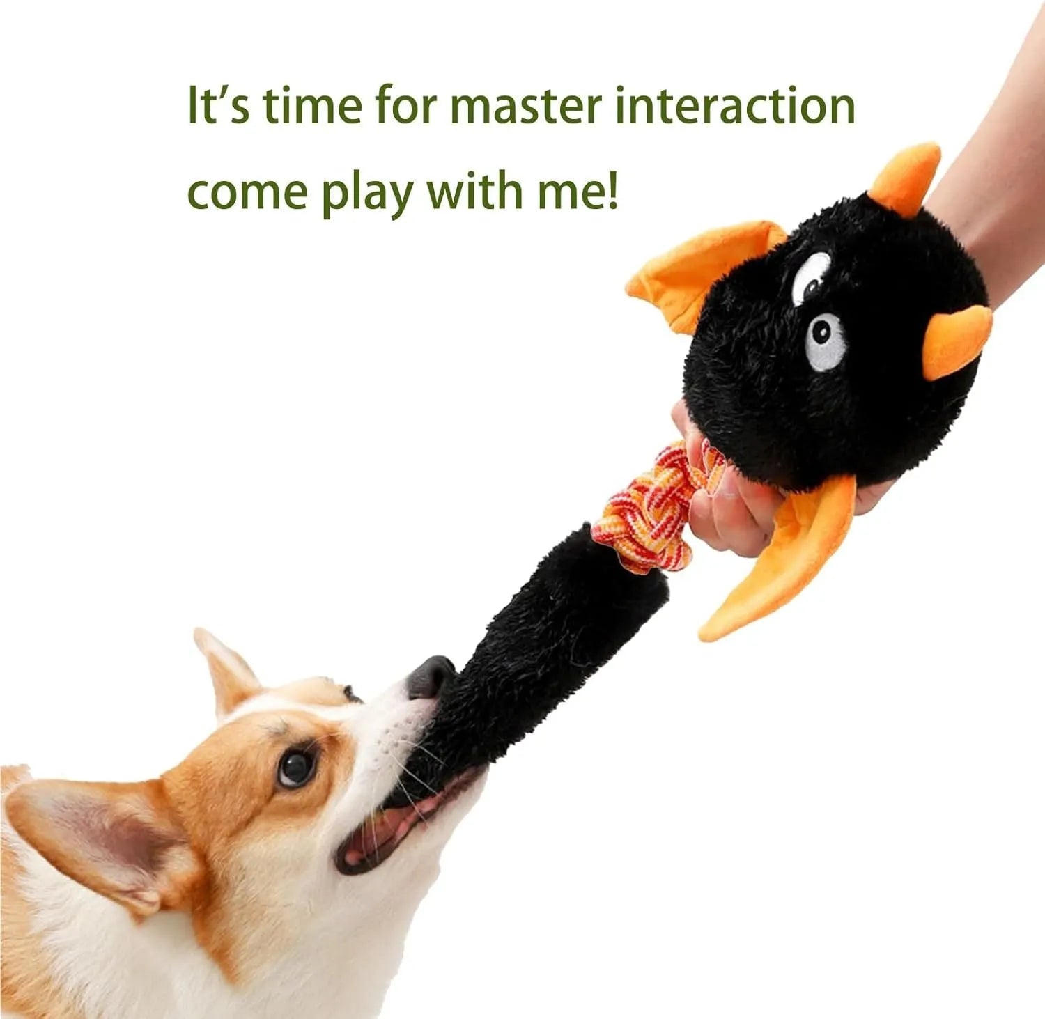Cartoon-design plush dog toy with black, green, and red colour options on a white background.