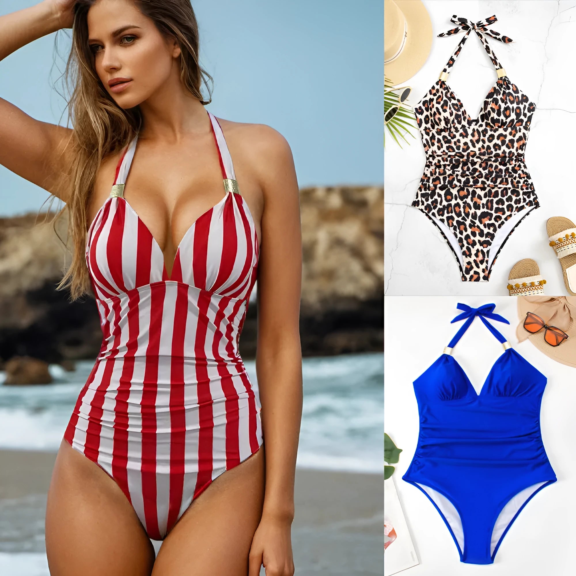 Women's quick-drying swimsuit in leopard print, made from thin polyester and spandex fabric.