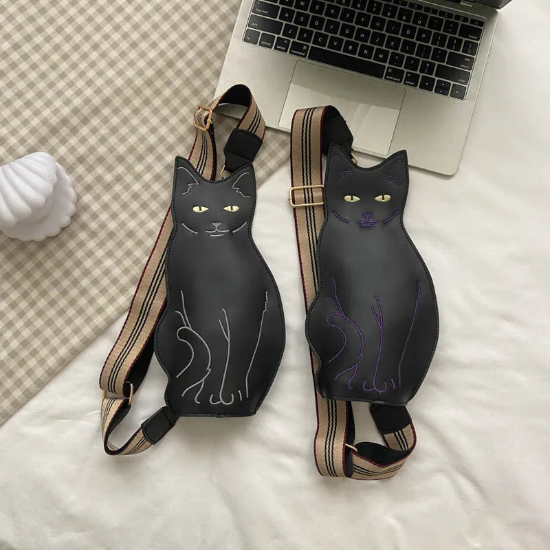 Cute cat print women's chest bag in soft PU, gray colour, with double strap connectors and canvas lining