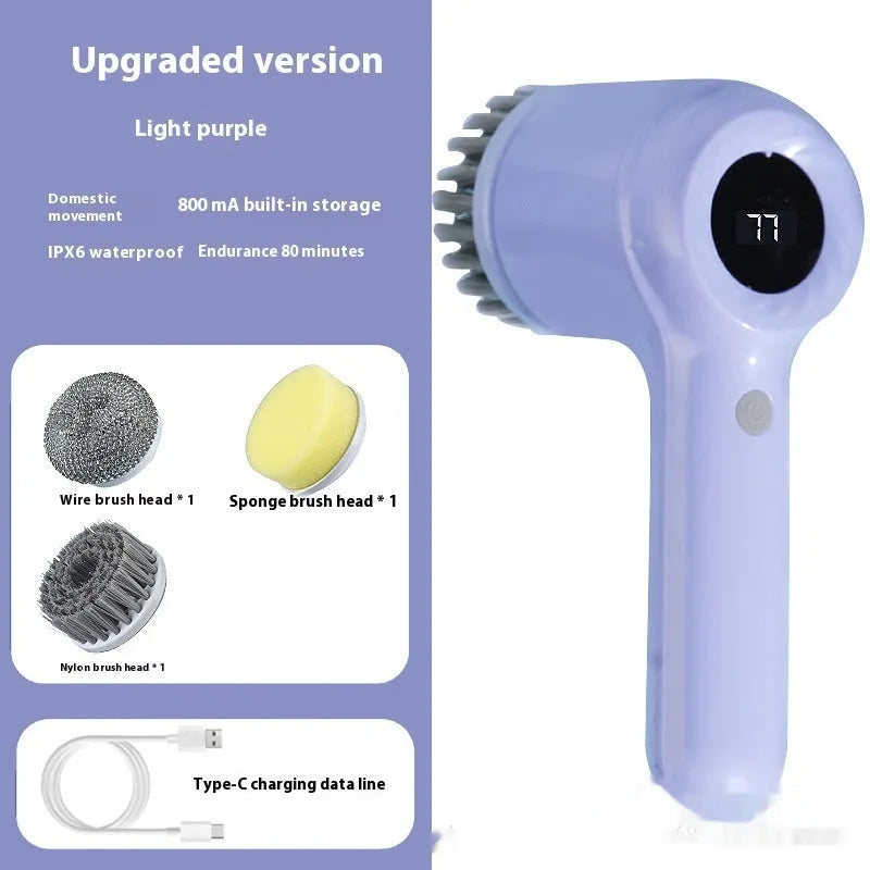 USB rechargeable electric cleaning brush in light grey or purple with multiple cleaning heads for kitchen use