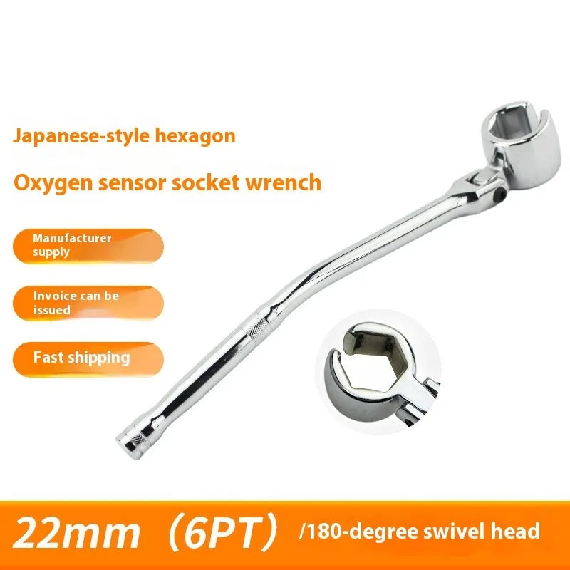 Round sleeve oxygen sensor removal tool with 22mm hexagonal end and bright chrome finish.