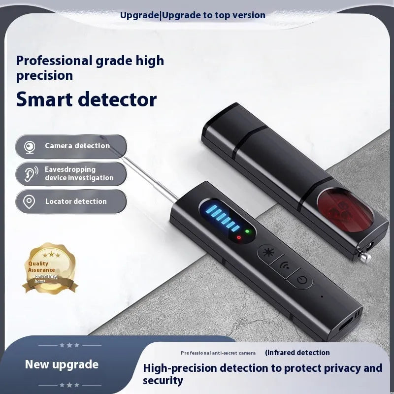 T15 blue wireless camera detector, 92mm x 20mm x 15mm, 27g, 1MHz-6GHz, 10m range