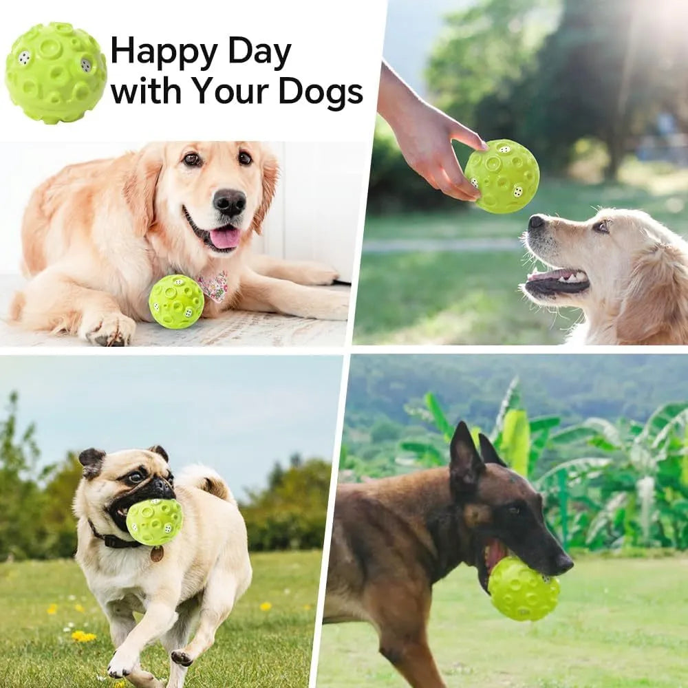Durable dog chew toy ball with coloured rubber surface featuring tooth-cleaning bumps
