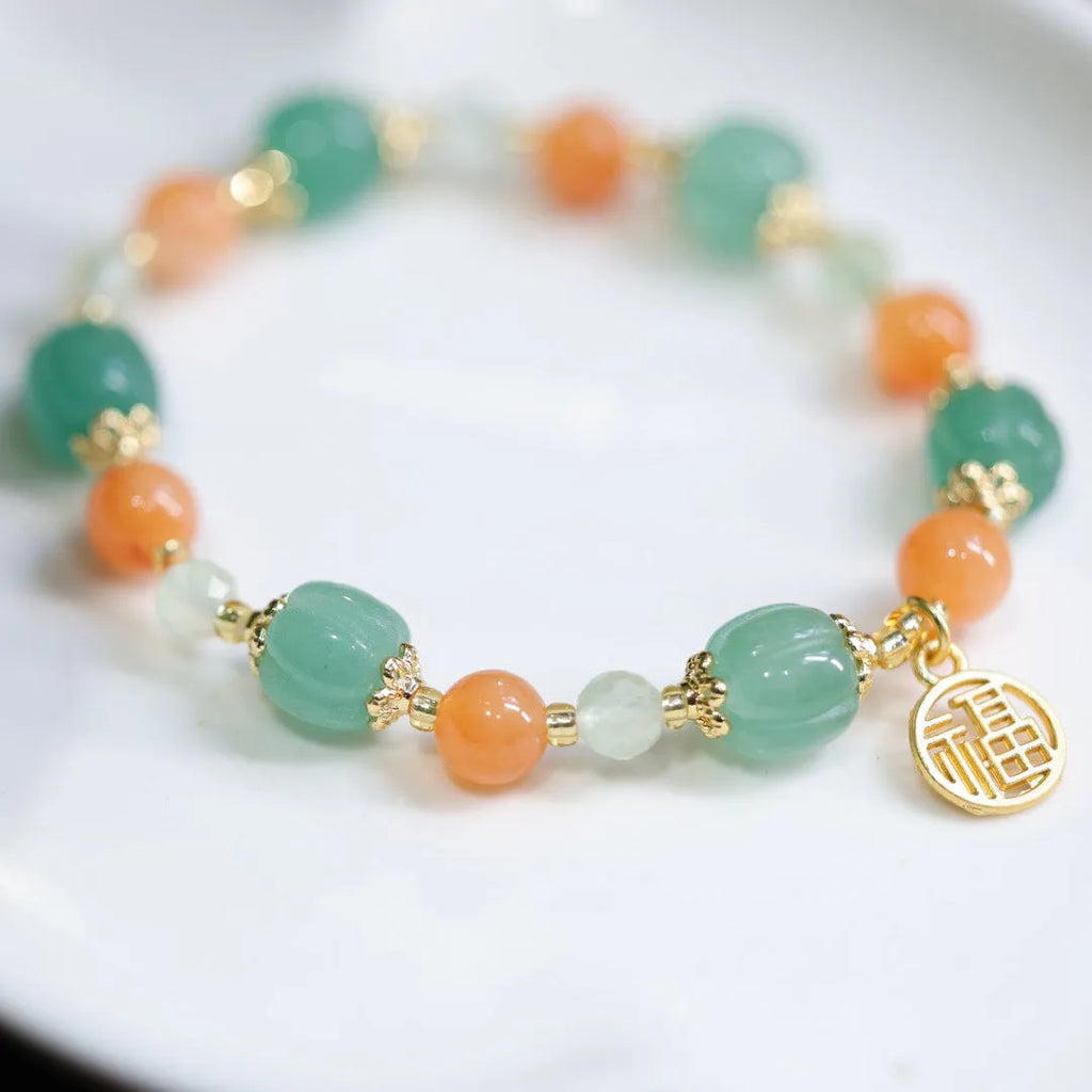 Jinsi Jade Duobao pumpkin bracelet with Prehnite spacers for women's 14-16.5cm wrists
