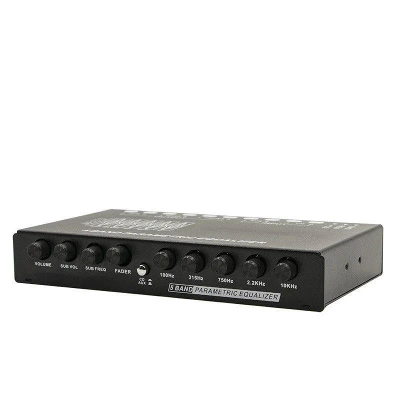 Black car audio equaliser with control knobs for subwoofer volume and frequency adjustment
