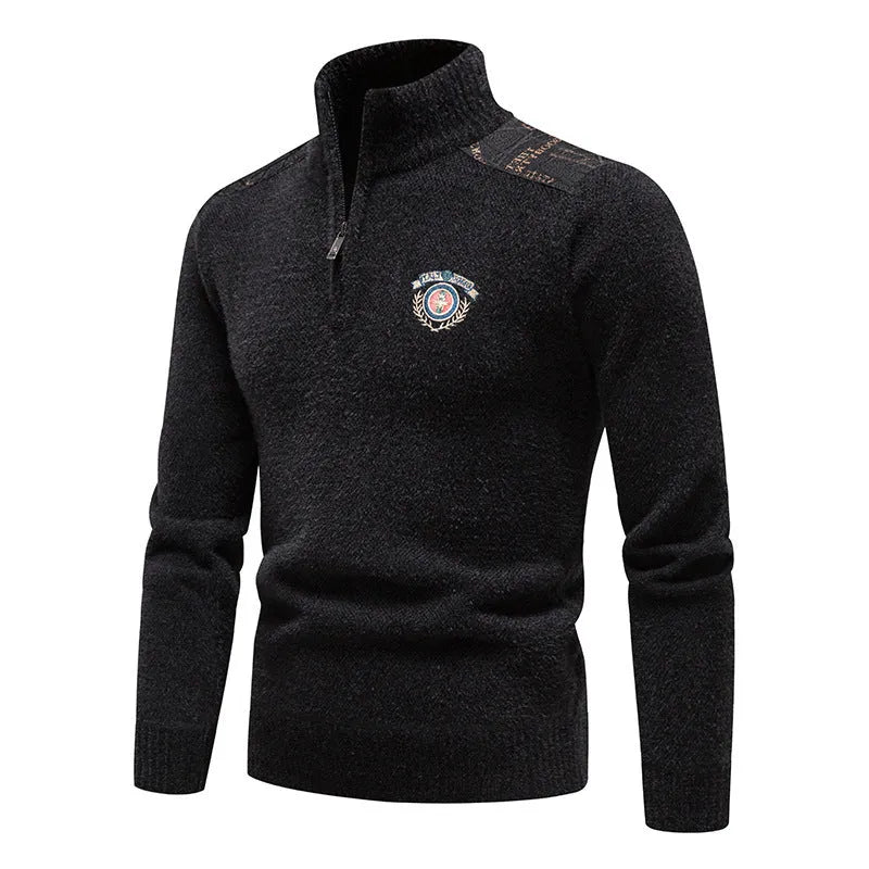 Men's velvet stand collar thickened sweater in beige, straight cut pullover with long sleeves for winter