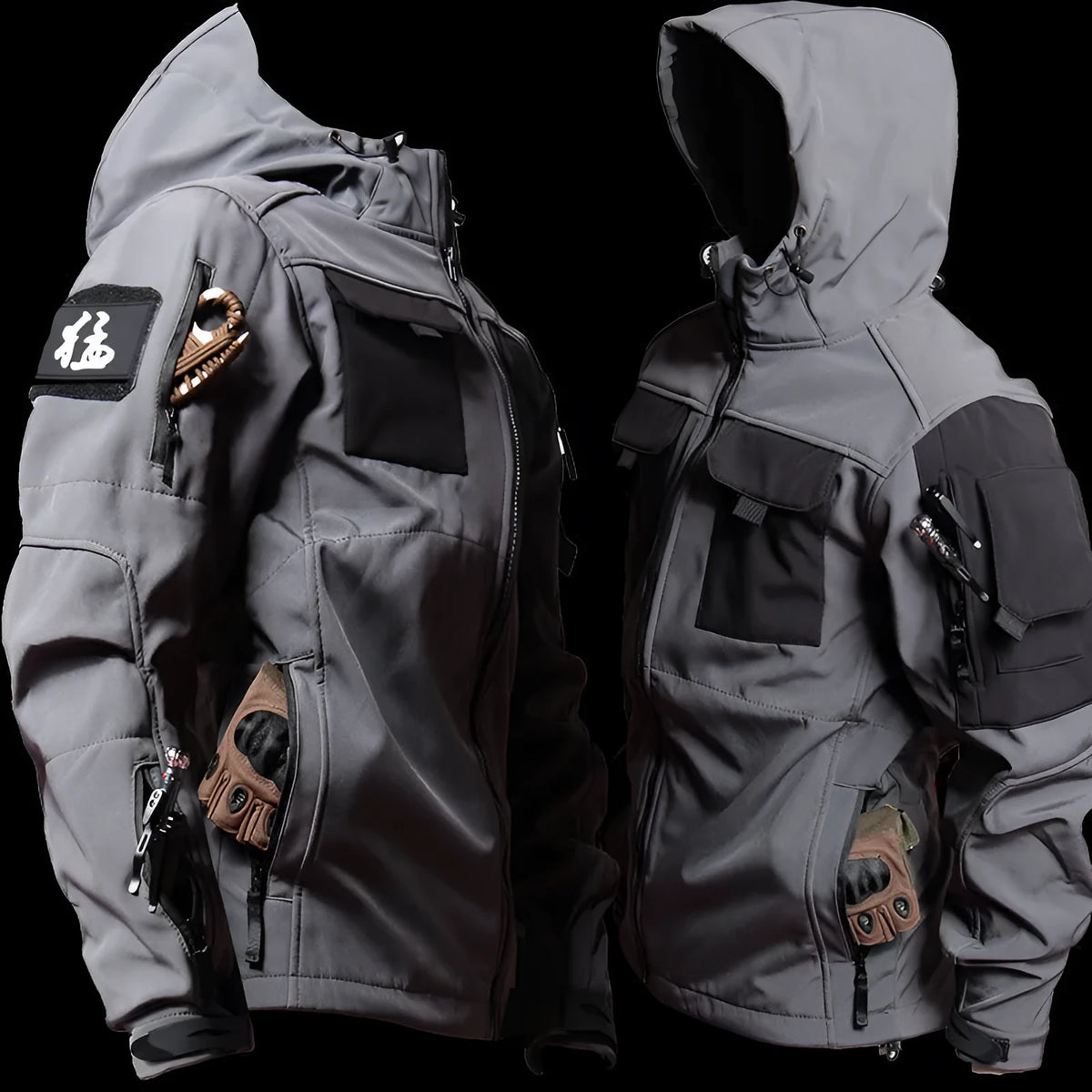 Men's hooded corduroy jacket and fleece-lined tactical trousers set in grey, black, or army green, sizes M to 3XL.