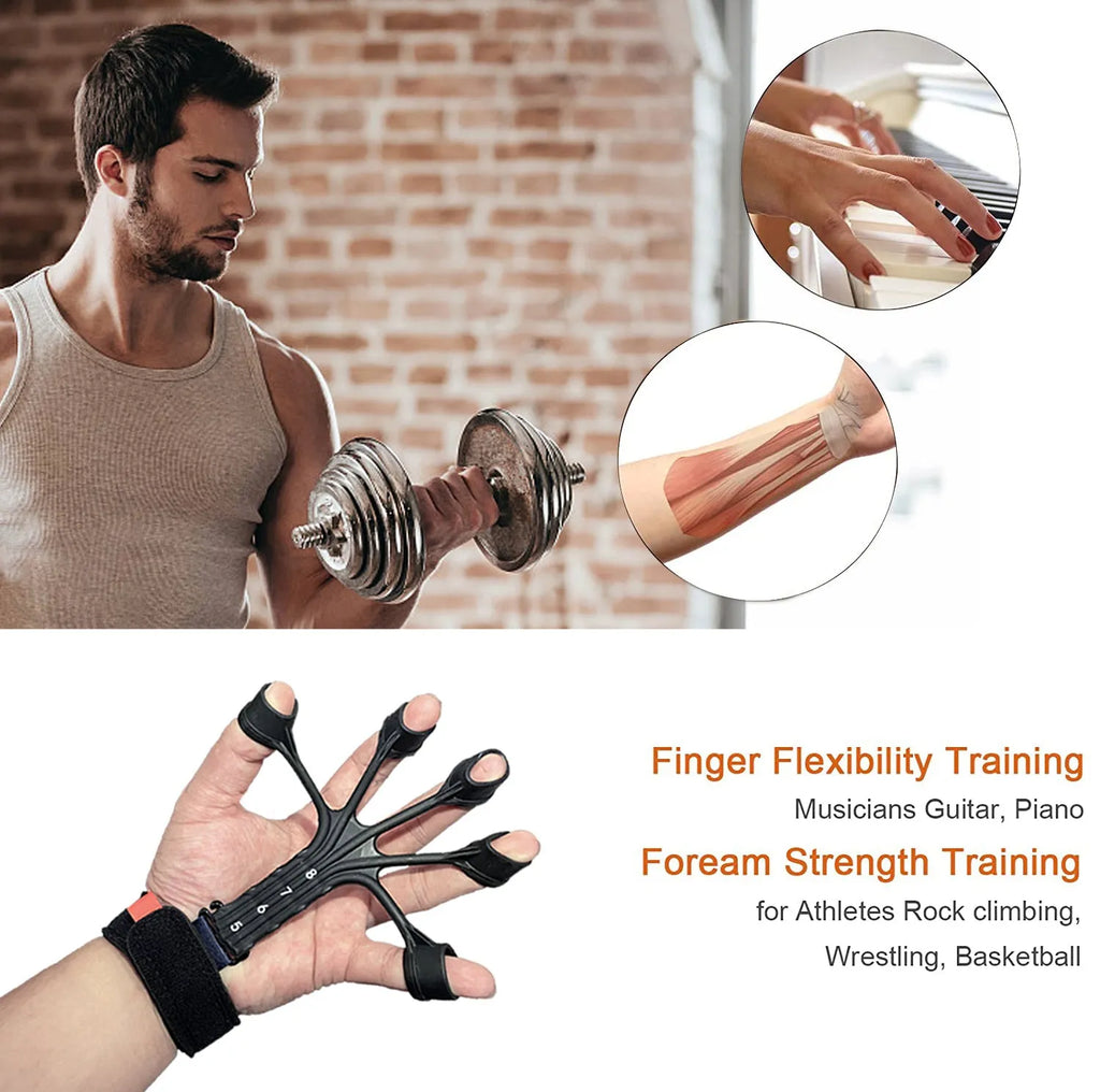 HLX silicone finger rehabilitation trainer with adjustable tension belt, shown in grey colour.