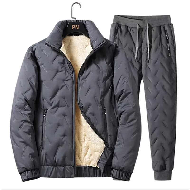 Men's thickened fleece zip jacket and tapered pants set in grey or black, polyester, loose fit, sizes L to 5XL.