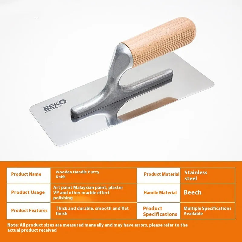 Stainless steel putty scraper with a wooden handle in three different blade sizes.
