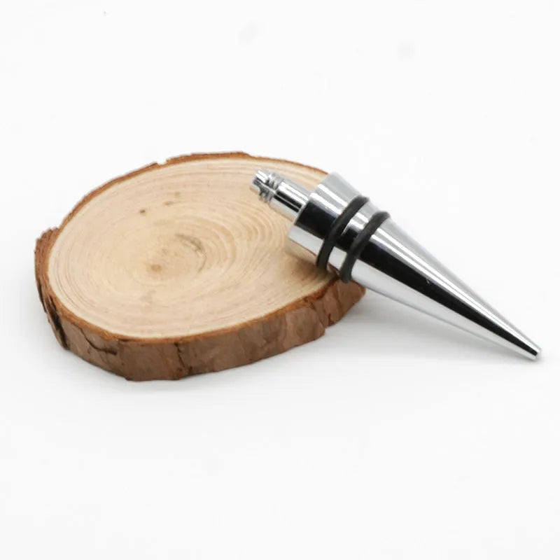 Silver zinc alloy wine bottle stopper with M8 M10 threaded base and silicone seal.
