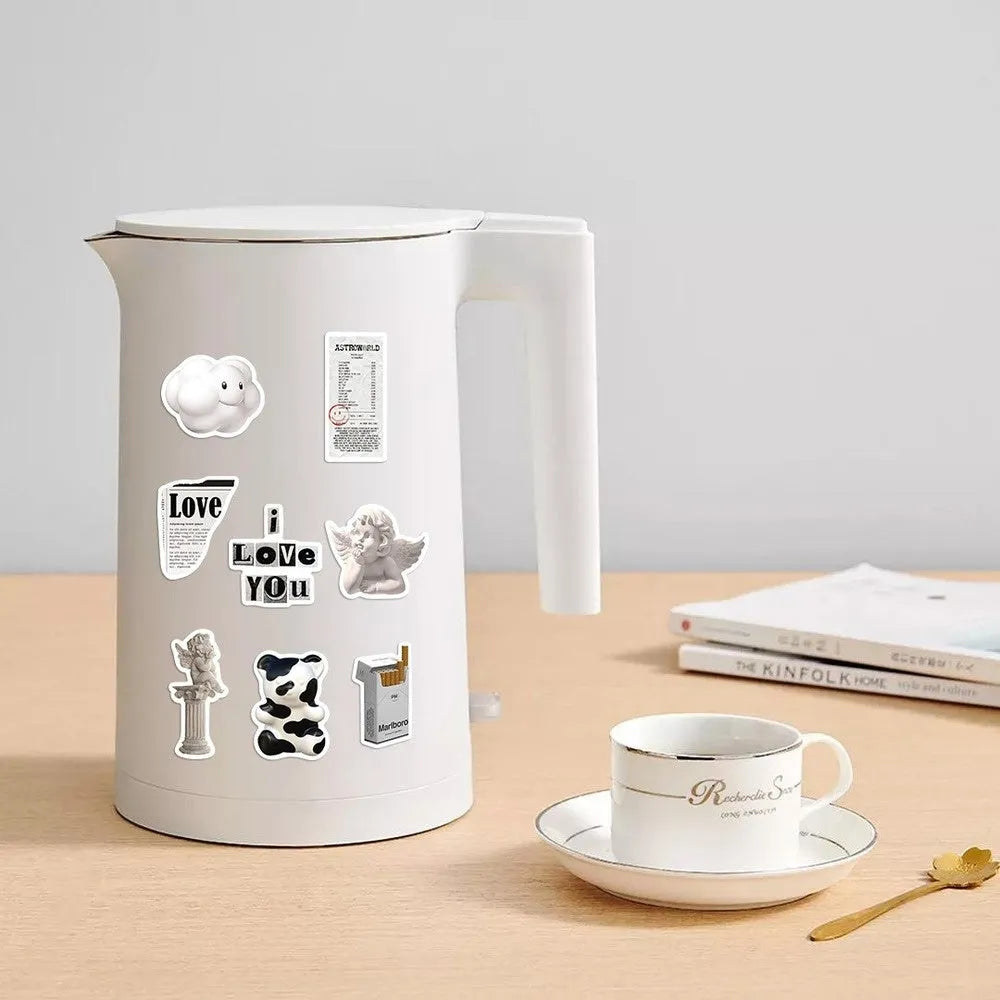 Set of 61 black and white coffee cup design PVC waterproof stickers for laptops and phones.