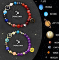 Two natural stone beaded bracelets with zodiac charms and adjustable closures on a white background.