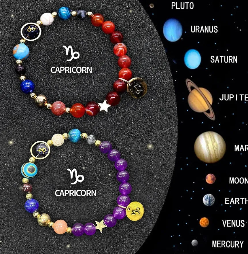 Two natural stone beaded bracelets with zodiac charms and adjustable closures on a white background.