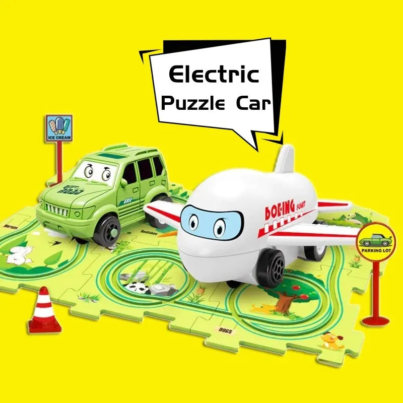 Children puzzle electric railroad speeder with automatic car and dinosaur-themed puzzle track pieces on floor