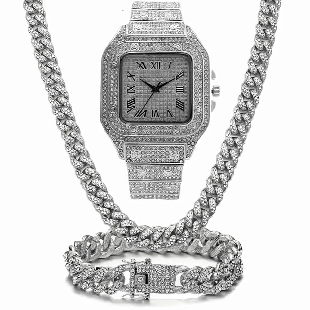 Roman grain graduation quartz watch set with square dial and black mesh band alongside matching bracelet and necklace