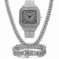 Roman grain graduation quartz watch set with square dial and black mesh band alongside matching bracelet and necklace
