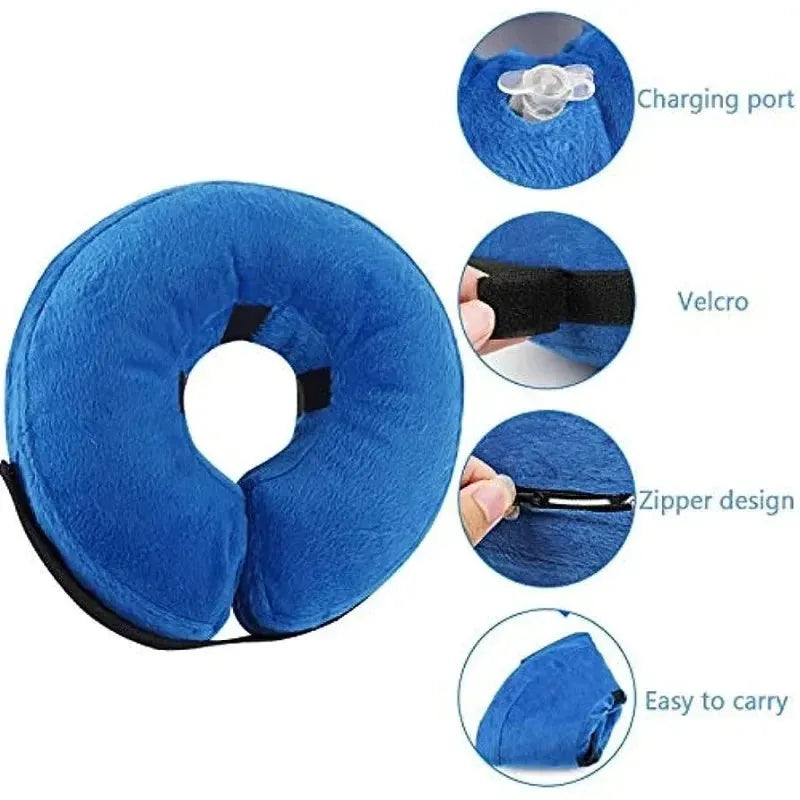 Blue inflatable protective recovery collar for a dog, showing soft padded ring and adjustable buckle strap.