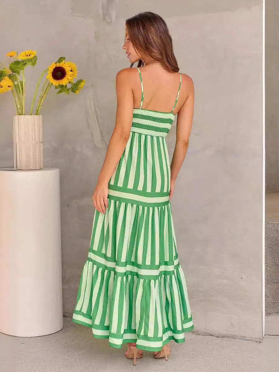 Women's striped suspender dress with square neckline, backless design, and side pockets