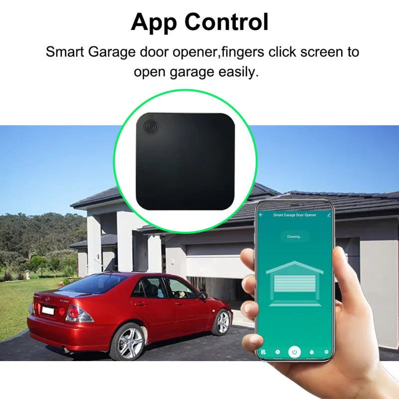 Black WiFi garage door controller with mounting accessories and user manual