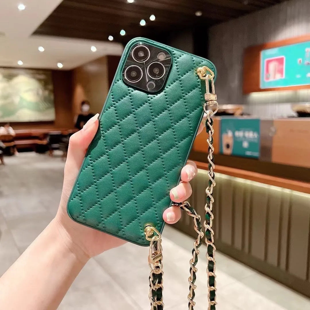 Diamond plaid crossbody phone case in imitation leather for iPhone with chain strap, cream white colour